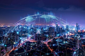 Digital composite image of a global network over a cityscape.