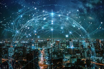 Obraz premium Digital composite image of a global network over a cityscape.