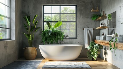 Fototapeta na wymiar bathroom with green walls, large window and white washbasin. modern style