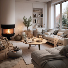 A cozy and inviting modern living room with a Scandinavian touch, featuring a fireplace, comfortable seating, and soft textiles for a warm and relaxing atmosphere.