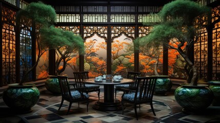 Serene Asian-style Dining Room with Nature View