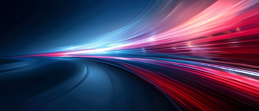 An abstract background featuring colored waves with a stream of red and blue neon lines against a dark backdrop. The image depicts abstract neon light streaks resembling high-speed light trails.