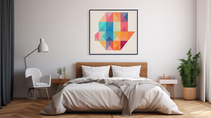 A cozy bedroom setup with a blank white empty frame, featuring a colorful geometric print that adds a touch of modernity.