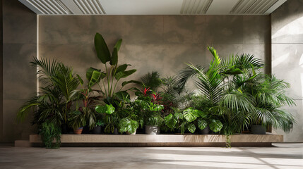 an indoor tropical plant garden with several plants, in the style of topographical realism, minimalist photography, immersive environments, bold contrast and textural play, green and gray