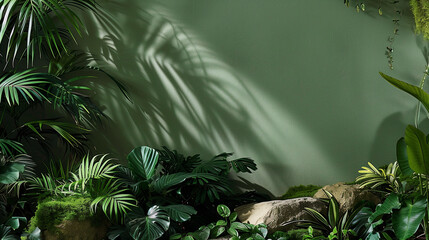 jungle interior set green wall with plants, in the style of contrasting shadows, commercial imagery, immersive environments, leica r3, crystalline and geological forms, minimalist textiles, 