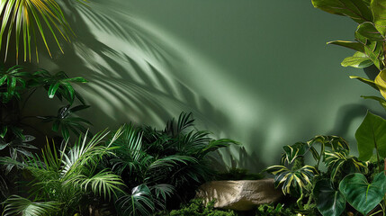 jungle interior set green wall with plants, in the style of contrasting shadows, commercial imagery, immersive environments, leica r3, crystalline and geological forms, minimalist textiles