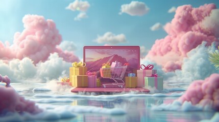 laptop displaying a virtual shopping cart filled by gift boxes sits atop a abstract background, offering a moment of digital escape and relaxation amid the serene surroundings - obrazy, fototapety, plakaty