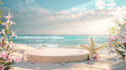 Fototapeta na wymiar Summer travel poster banner display podium with sand and summer beach scene design background