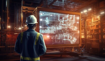 Engineer Analyzing Digital Blueprints at Industrial Plant