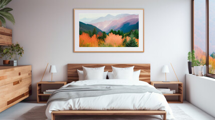 A cozy bedroom setup with a blank white empty frame, featuring a vibrant, digitally created landscape artwork that adds a sense of adventure.