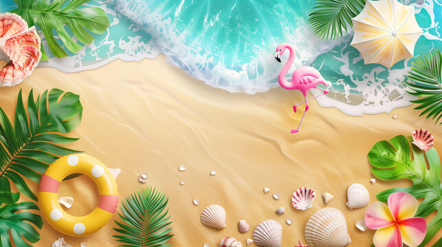 Summer sale promotion banner. Top view of sunny beach side with ocean wave, flamingo inflatable ring, seashells, parasol and tropical leaves on sand. - Powered by Adobe