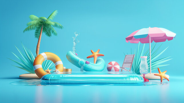 3d refreshing summer sale template. Composition of blue glass board with cute beach object and swimming pool. Concept of island vacation.