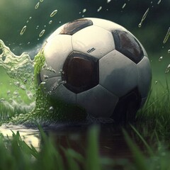 Dynamic soccer ball making a splash on wet grass field
