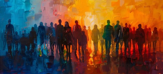 Painting of many people in abstract colors