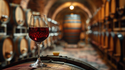 glass with red wine on the background of a wine cellar