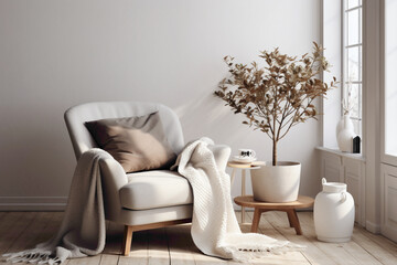A cozy corner in a Scandinavian living room, with a comfortable armchair, a soft throw blanket, and a minimalist side table adorned with a potted plant. - obrazy, fototapety, plakaty