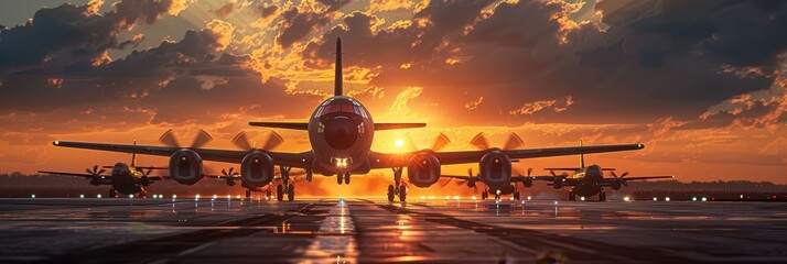 a group of military planes in motion at sunset - Powered by Adobe