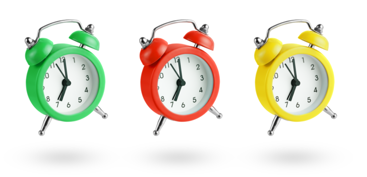 Set of floating alarm clocks isolated on white background