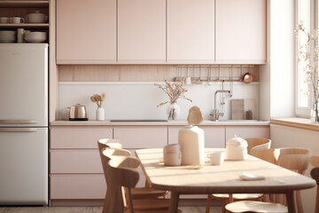 A cozy kitchen with a minimalist approach, featuring a serene combination of soft, warm neutrals and subtle hints of blush pink.