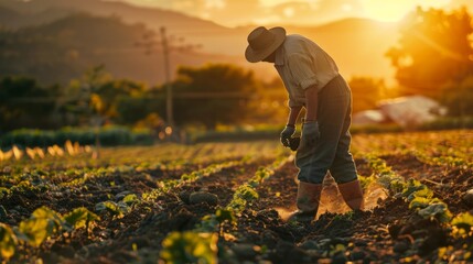 A man farmer, wearing a hat, working in a field, with small plants emerging from the soil, during sunset