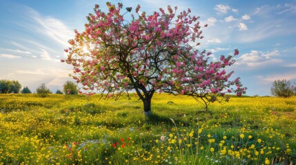 Fototapeta na wymiar A serene and picturesque landscape featuring a blossoming tree amidst a field of colorful flowers, under the bright sky. Spring mockup concept.