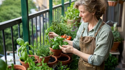 Charming mid-aged woman caring for her balcony garden, surrounded by lush foliage, showcasing a flower and plant growing hobby