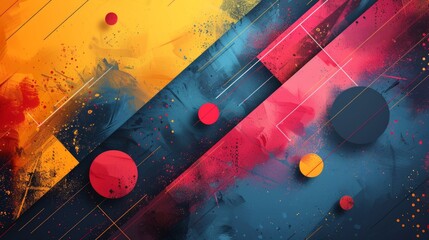 Vibrant abstract artwork with a dynamic feel, featuring a mix of colors, geometric shapes, and a sense of movement and chaos. A modern and clean background for a presentation