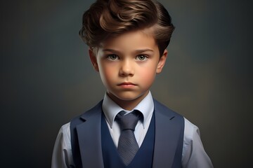Against a solid azure canvas, a cute and extremely beautiful kid model in business clothes exudes a gentlemanly allure, showcasing elegance and charm effortlessly.