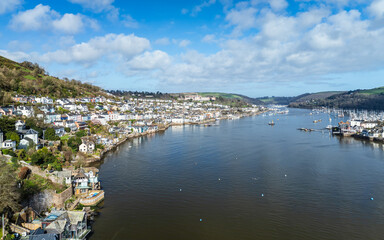 Fototapeta premium Dartmouth and Kingswear over River Dart from a drone, Devon, England, Europe 