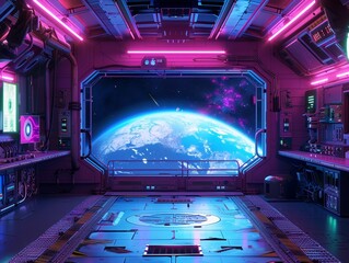 Product showcase cyberpunk neon spaceship room with Earth backdrop - obrazy, fototapety, plakaty