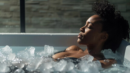African-american woman ice bathing in the cold water among ice cubes in a tub.  Wim Hof Method, cold therapy, breathing techniques, yoga and meditation. concept cryo therapy. ai-generated