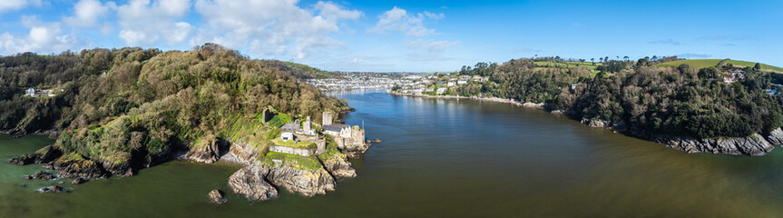 Naklejka premium Panorama of Dartmouth Castle over River Dart from a drone, Dartmouth, Kingswear, Devon, England