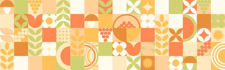 Autumn geometric background, yellow and orange ornament with leaves and mushrooms. Mosaic seamless pattern in earthy tones.	