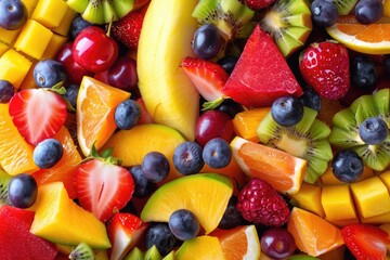 Fototapeta na wymiar An overhead shot of a colorful fruit salad with a variety of tropical fruits