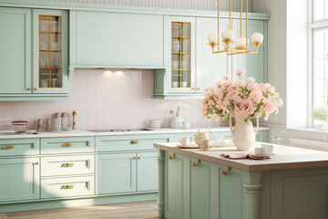 A cozy, minimalistic kitchen boasting a serene mint green color scheme with subtle hints of blush pink in its decorative elements.