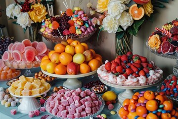 Fototapeta na wymiar A whimsical arrangement of candy and fruits creating a playful dessert table