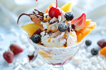 An ice cream sundae decorated with fresh fruit toppings and a cherry on top