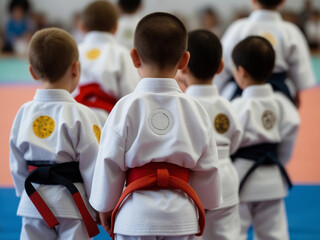 Children judo students team at a martial arts olympic competition