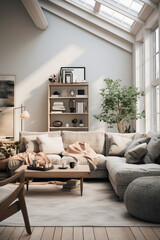 A cozy Nordic living area with a touch of vintage charm, featuring a combination of classic and modern elements for a unique and inviting atmosphere.