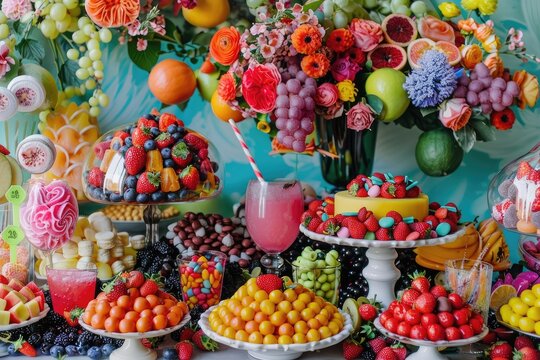 A whimsical arrangement of candy and fruits creating a playful dessert table