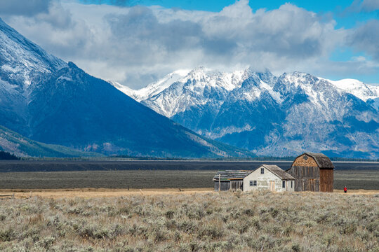 Teton Range and Mormon Row Historic District at Antelope Flats in Grand Teton National Park during autumn in Wyoming