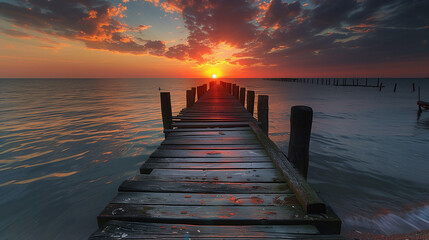 beautiful sunset on wooden pier over the sea - obrazy, fototapety, plakaty
