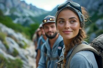 A group of tourists in the mountains in summer or autumn and look at the camera holding a camera or smartphone. Selfie shot of group of hikers in the mountain, active lifestyle, vacation concept