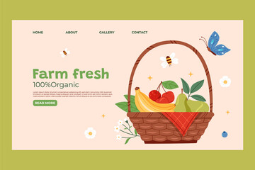 Hand drawn flat fruit harvest landing page template with a basket