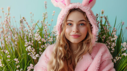 Young woman in a pink easter costume with grasses in the background, Generative AI - 753005501