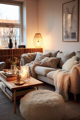 A cozy Nordic-inspired living room with warm textures, soft lighting, and a mix of vintage and modern furniture for a timeless feel.