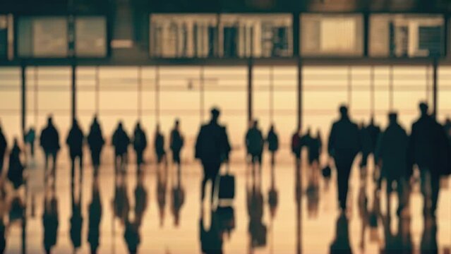 A blurred video captures the bustling silhouettes of travelers with luggage at an airport.