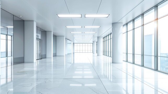 A broad shot of a clean, sunlit, and vacant corridor within a contemporary building