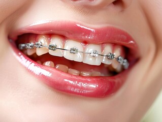 Obraz premium A detailed macro shot of dental braces fixed on clean white teeth, showing oral health care