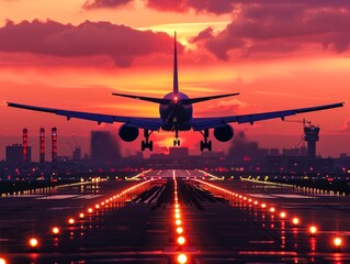 Commercial airplane lands on runway amidst glowing lights and a dramatic sunset, evoking travel and motion